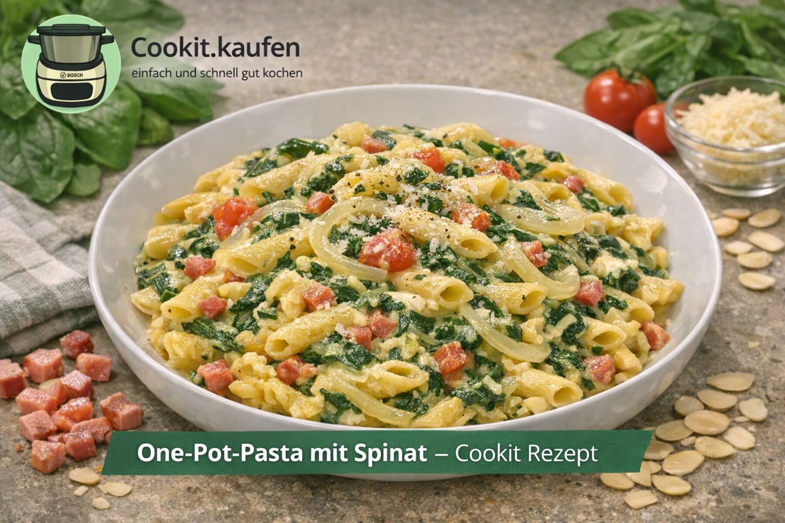 Cremige One‑Pot‑Pasta mit Spinat, angerichtet auf einem Teller, im Bosch Cookit zubereitet